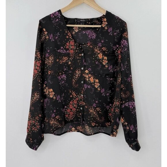 Womens Forever 21 Wine Orange Pink Floral Blouse Buttonup‎ Vneck Large poly - Picture 1 of 9